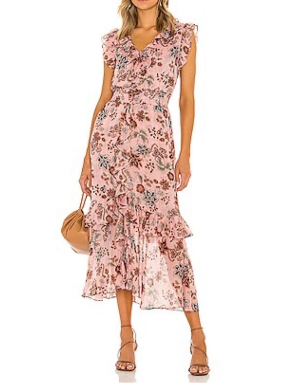 MISA Los Angeles Kidada Choco Rose Floral Ruffle Maxi Dress Smocked Waist L
